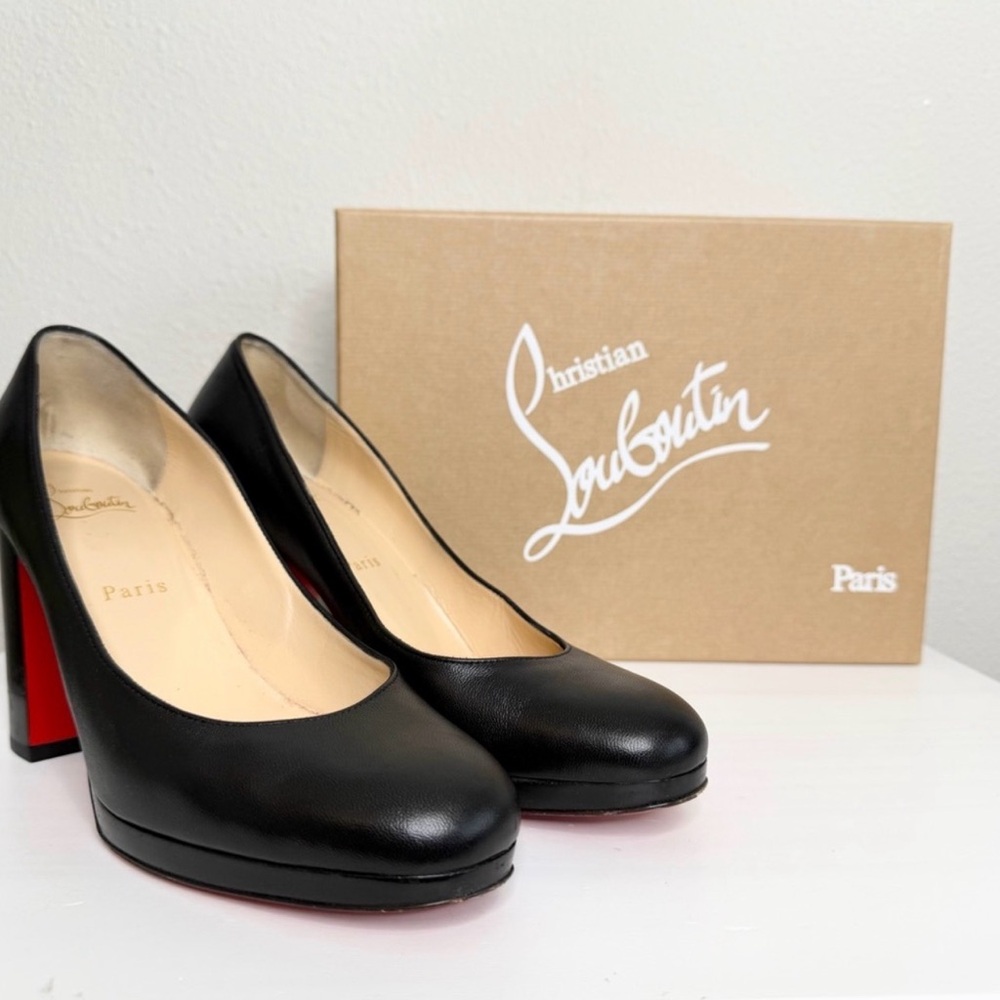 Christian Louboutin Black Leather Round-Toe Platform Pumps with Red Sole